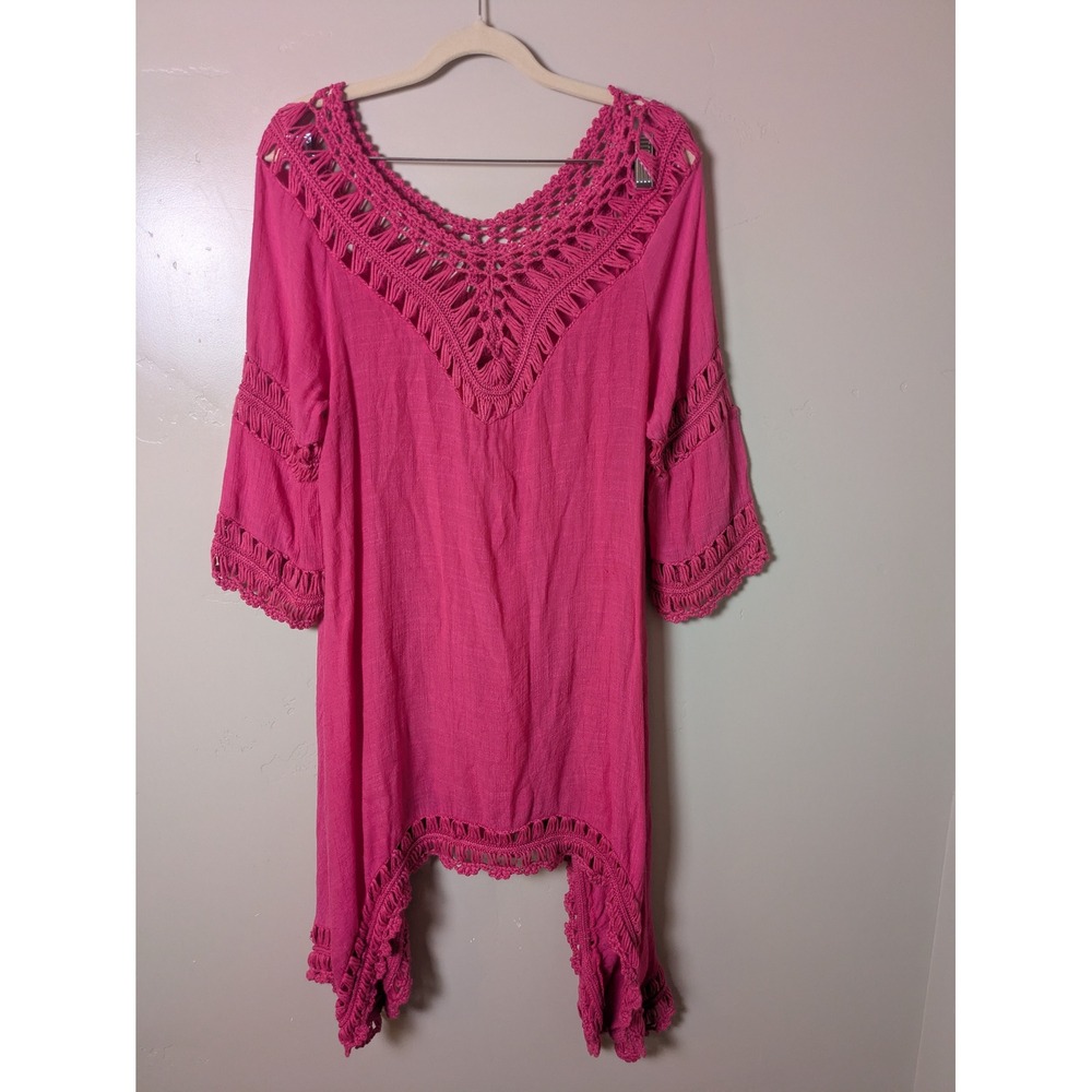 Lola Fae Crochet V Neck Tunic‎ Top Dress Pink Viscose Polyester Size S